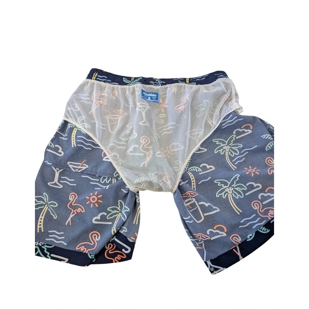 Chubbies Swim Trunks Mens M Navy‎ Neon Flamingo Palm Tree Cocktail Board Shorts